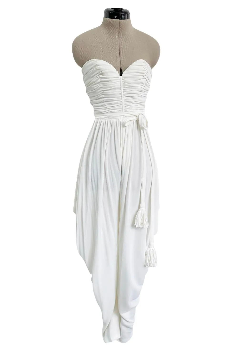1970s Loris Azzaro White Silk Jersey Strapless Jumpsuit w Draped Pants