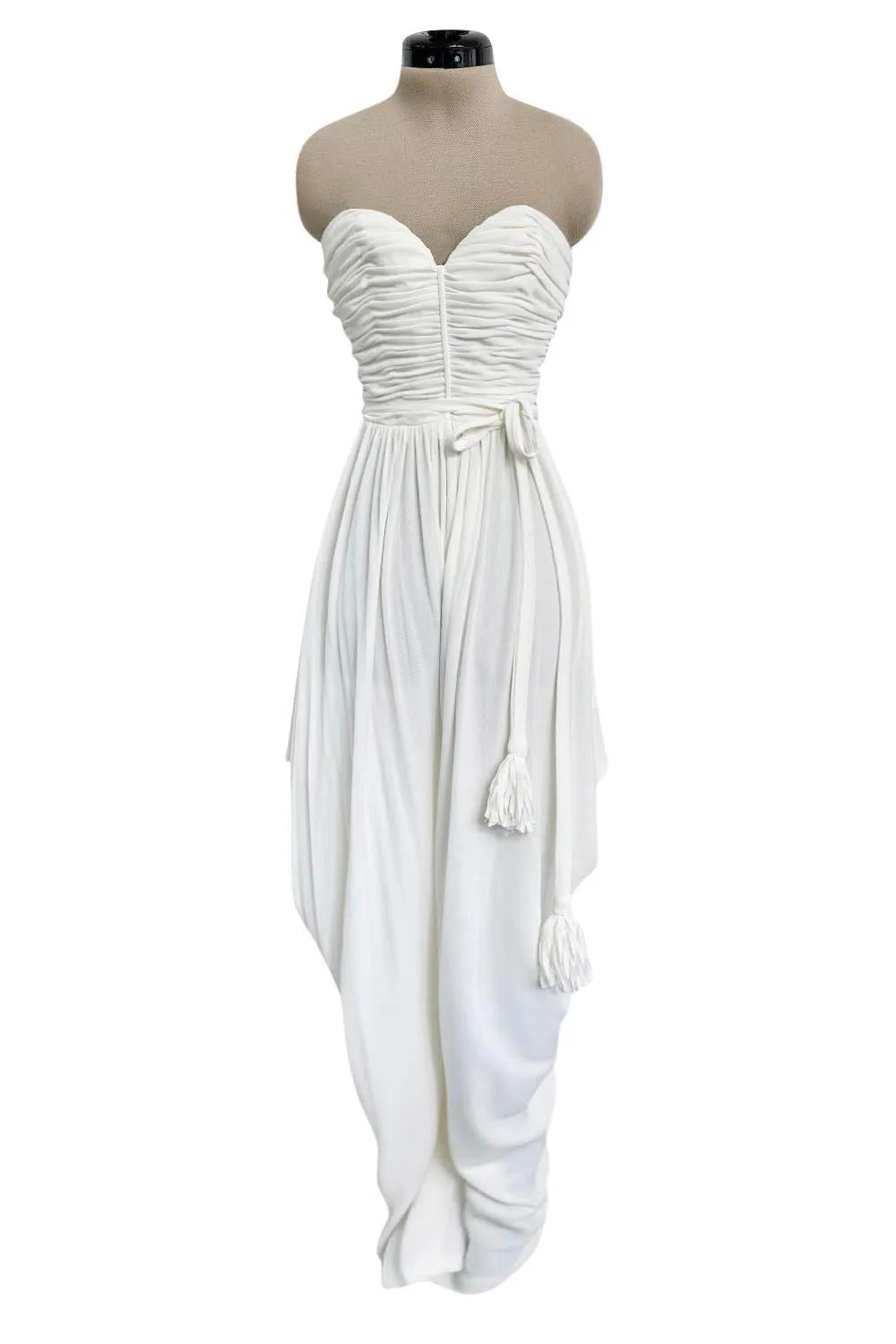 1970s Loris Azzaro White Silk Jersey Strapless Jumpsuit w Draped Pants