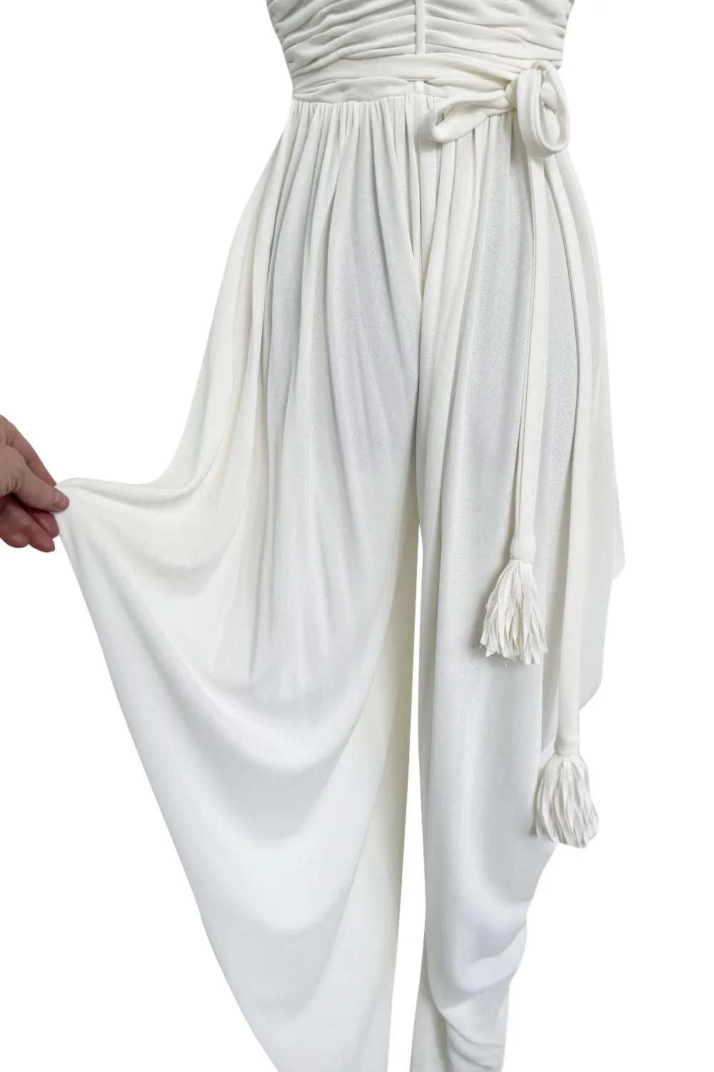 1970s Loris Azzaro White Silk Jersey Strapless Jumpsuit w Draped Pants