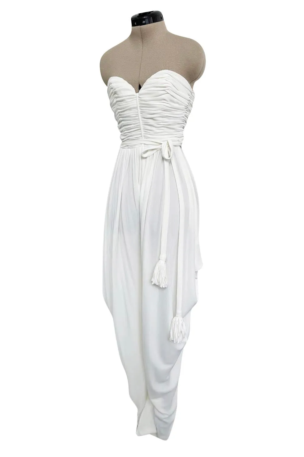 1970s Loris Azzaro White Silk Jersey Strapless Jumpsuit w Draped Pants