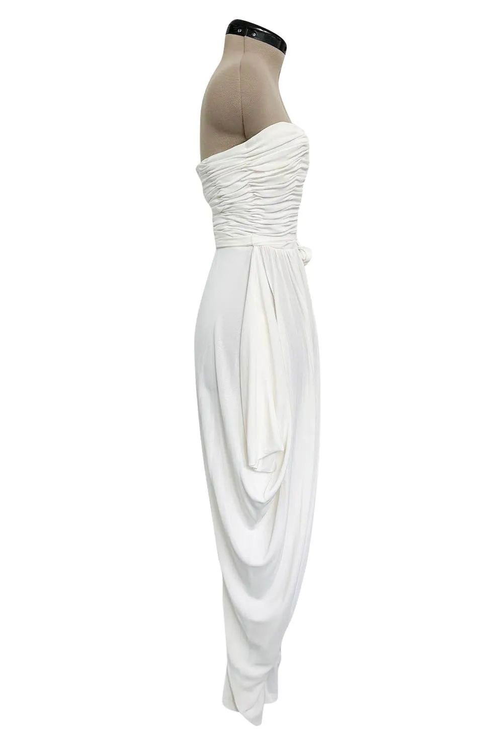 1970s Loris Azzaro White Silk Jersey Strapless Jumpsuit w Draped Pants