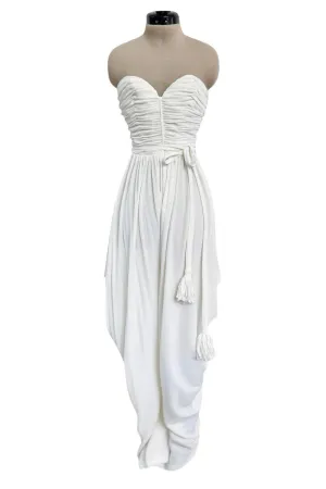 1970s Loris Azzaro White Silk Jersey Strapless Jumpsuit w Draped Pants