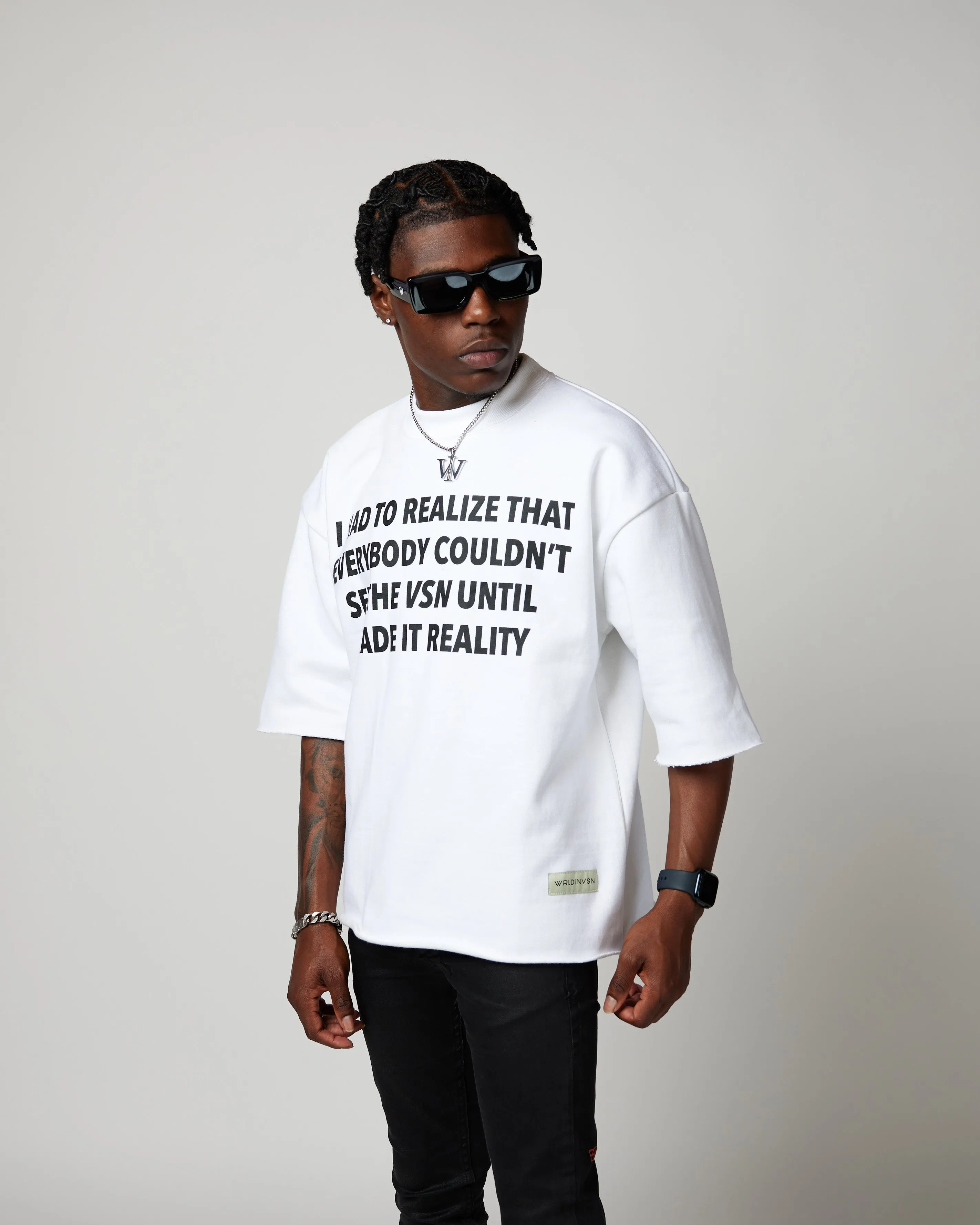 “3D WI” Cropped Sleeve Crewneck Tee (White)