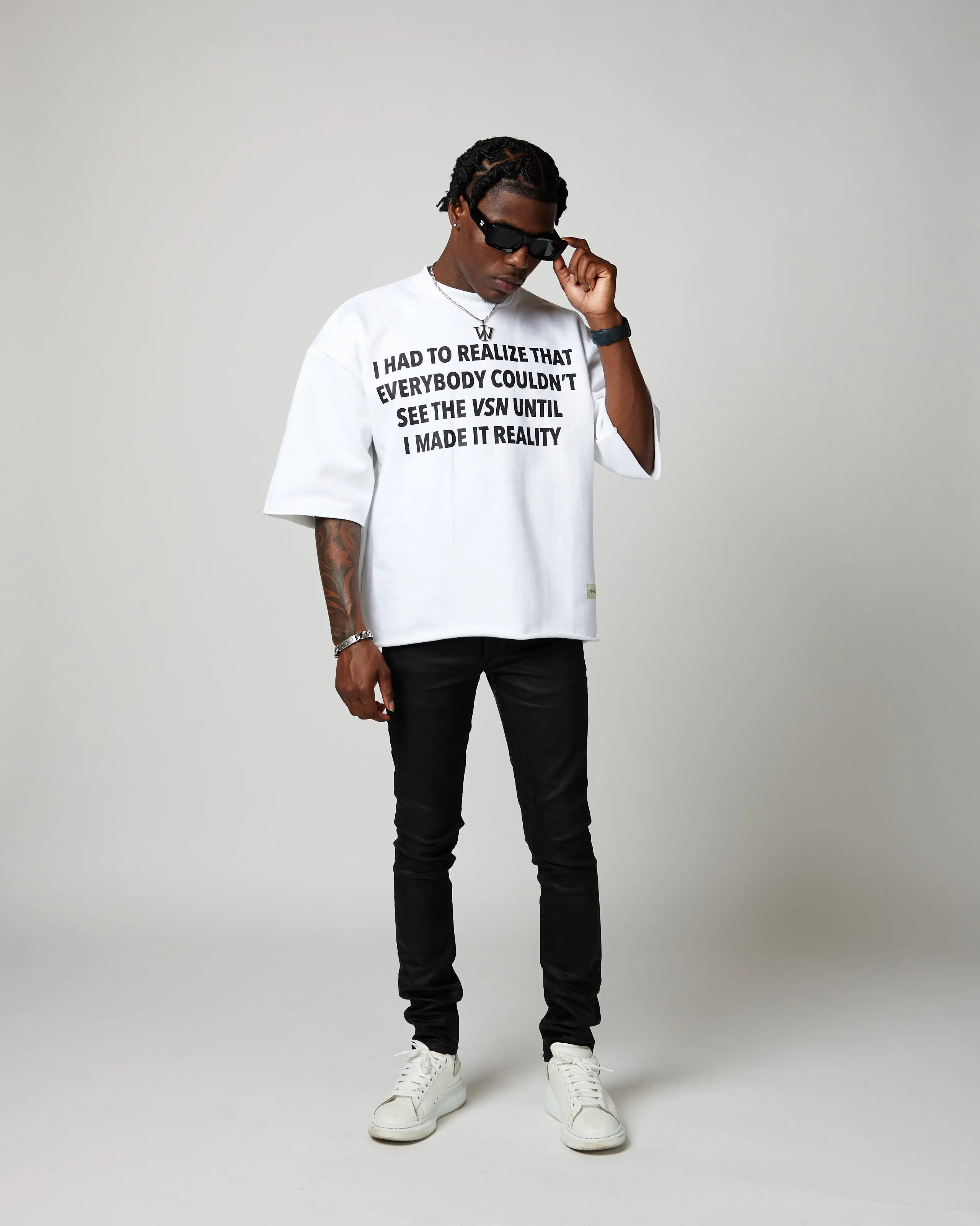 “3D WI” Cropped Sleeve Crewneck Tee (White)