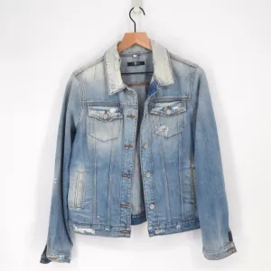 7 For All Mankind Oversized Trucker Denim Jacket Distressed Light Wash Blue M