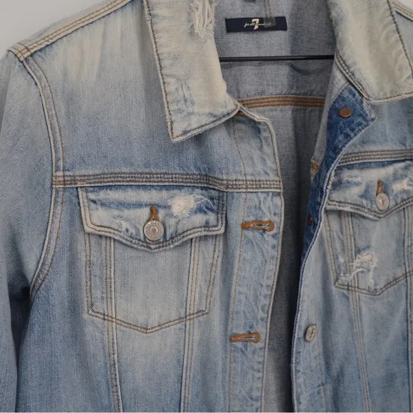7 For All Mankind Oversized Trucker Denim Jacket Distressed Light Wash Blue M