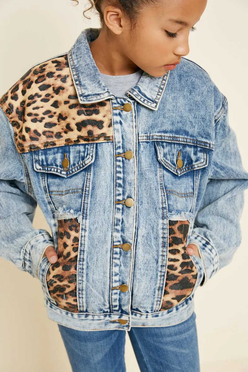 Acid Wash Leopard Denim Trucker Jacket