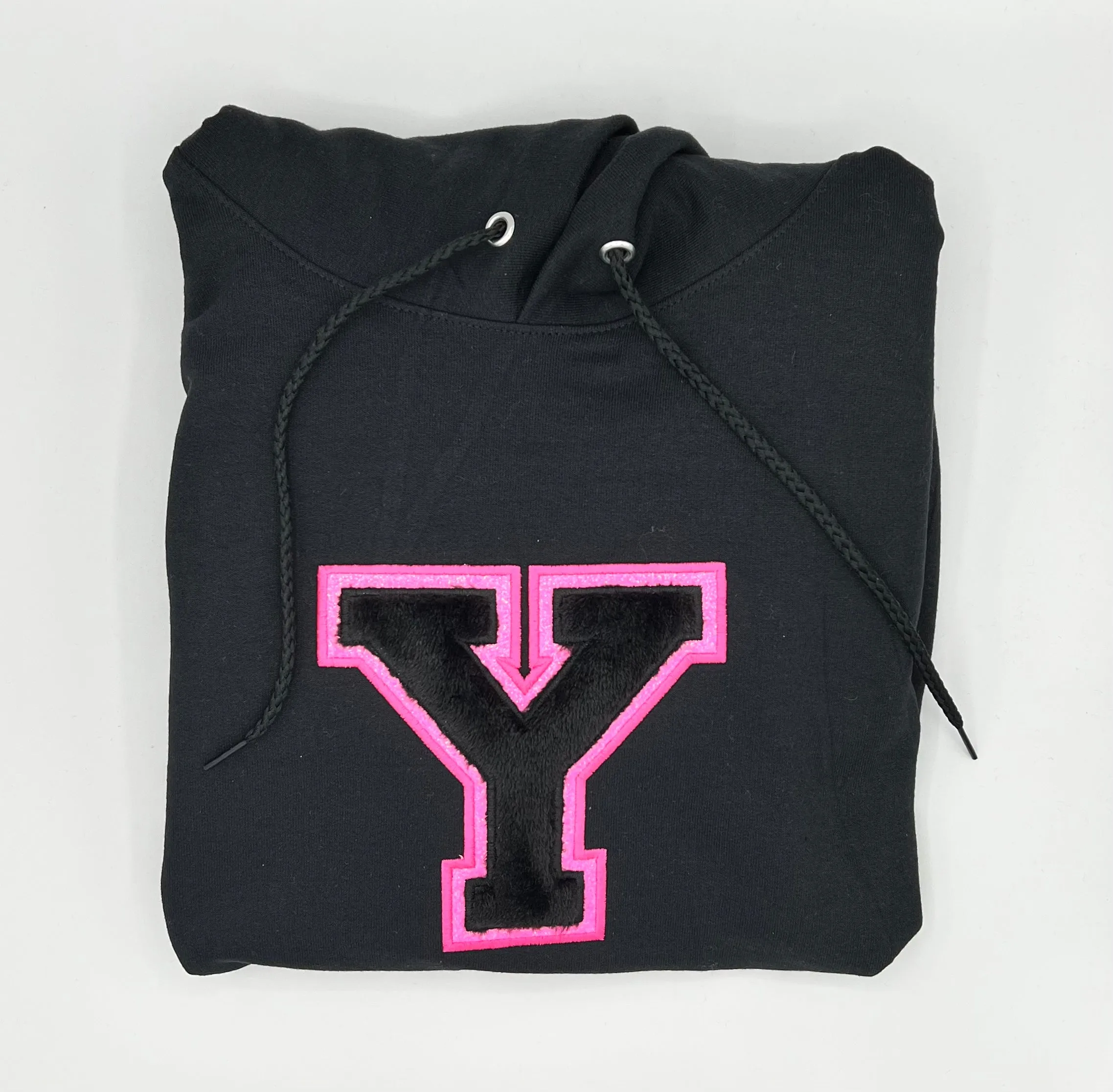 Adult Hoodie (w/ drawstrings)- Glitter Pink/Black Varsity
