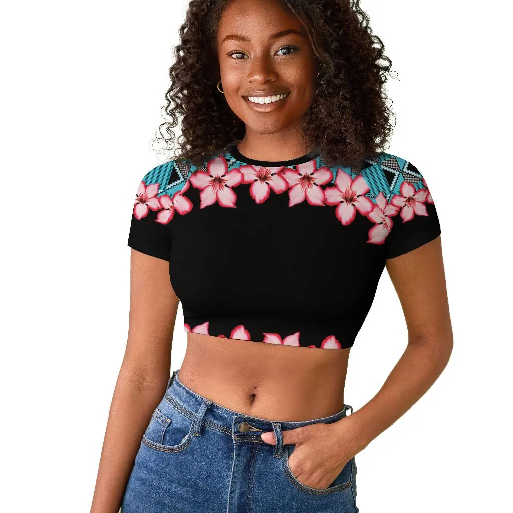 African Adenium Multiflorum Flowers Raglan Cropped T shirt with Kente Style LT9