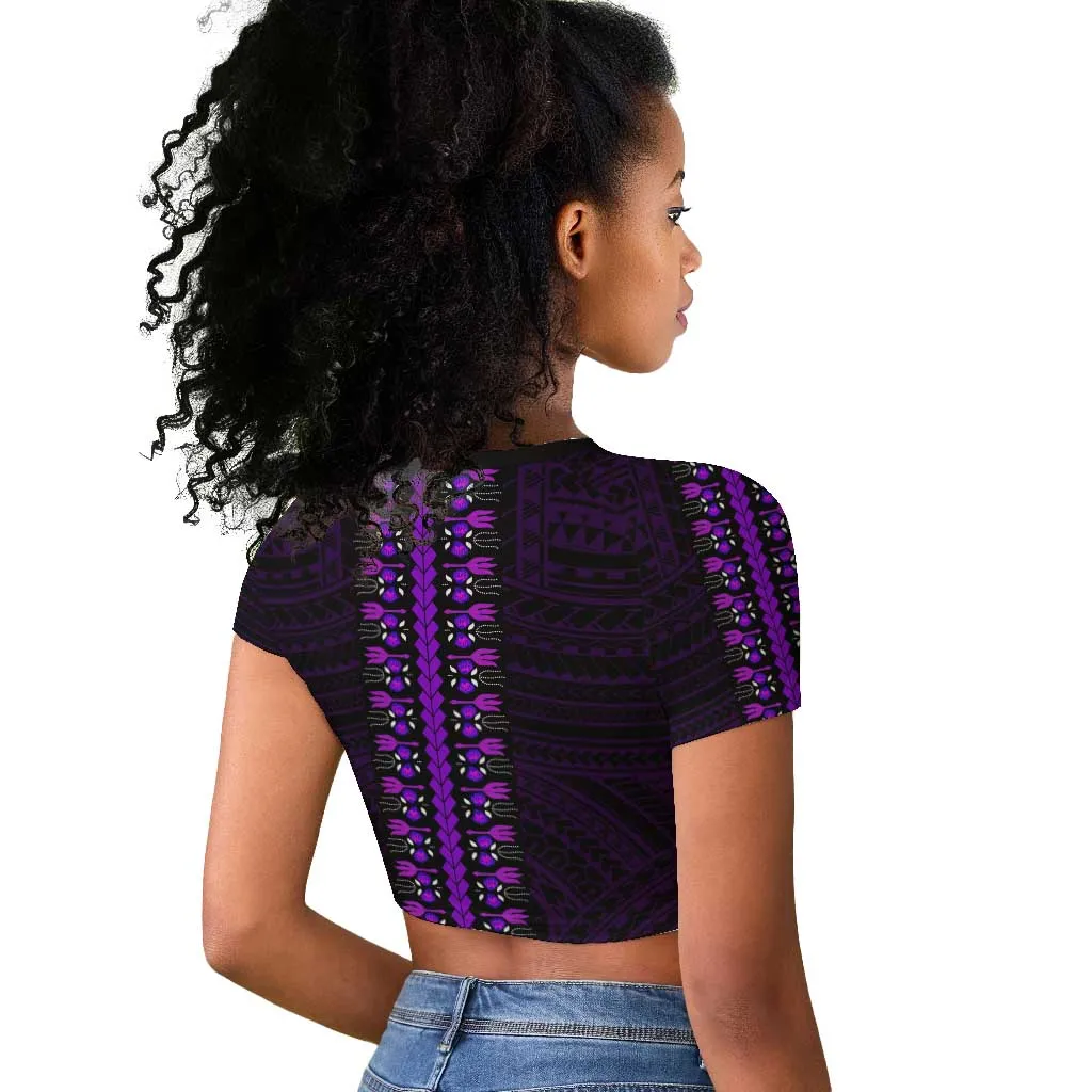 African Dashiki and Polynesian Pattern Raglan Cropped T shirt Purple LT9