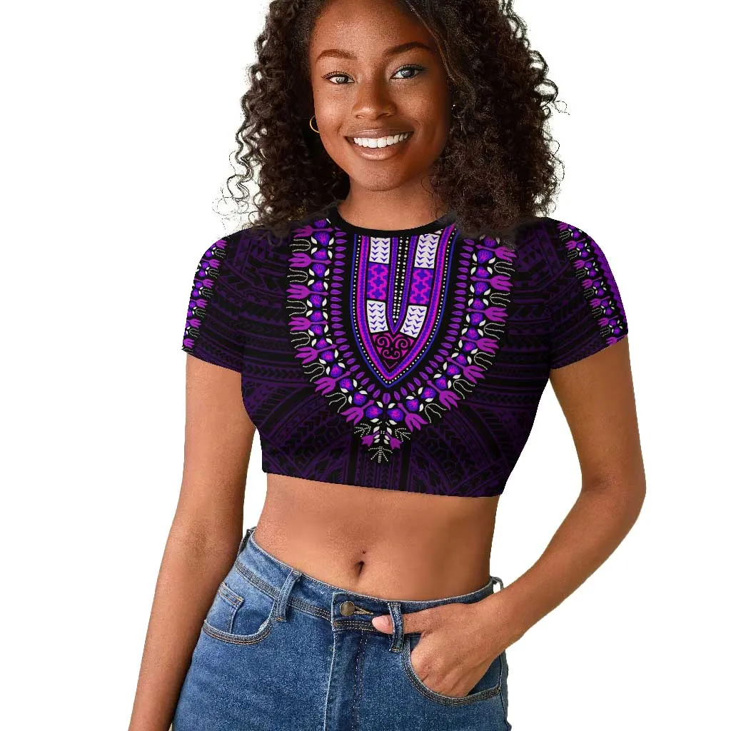 African Dashiki and Polynesian Pattern Raglan Cropped T shirt Purple LT9