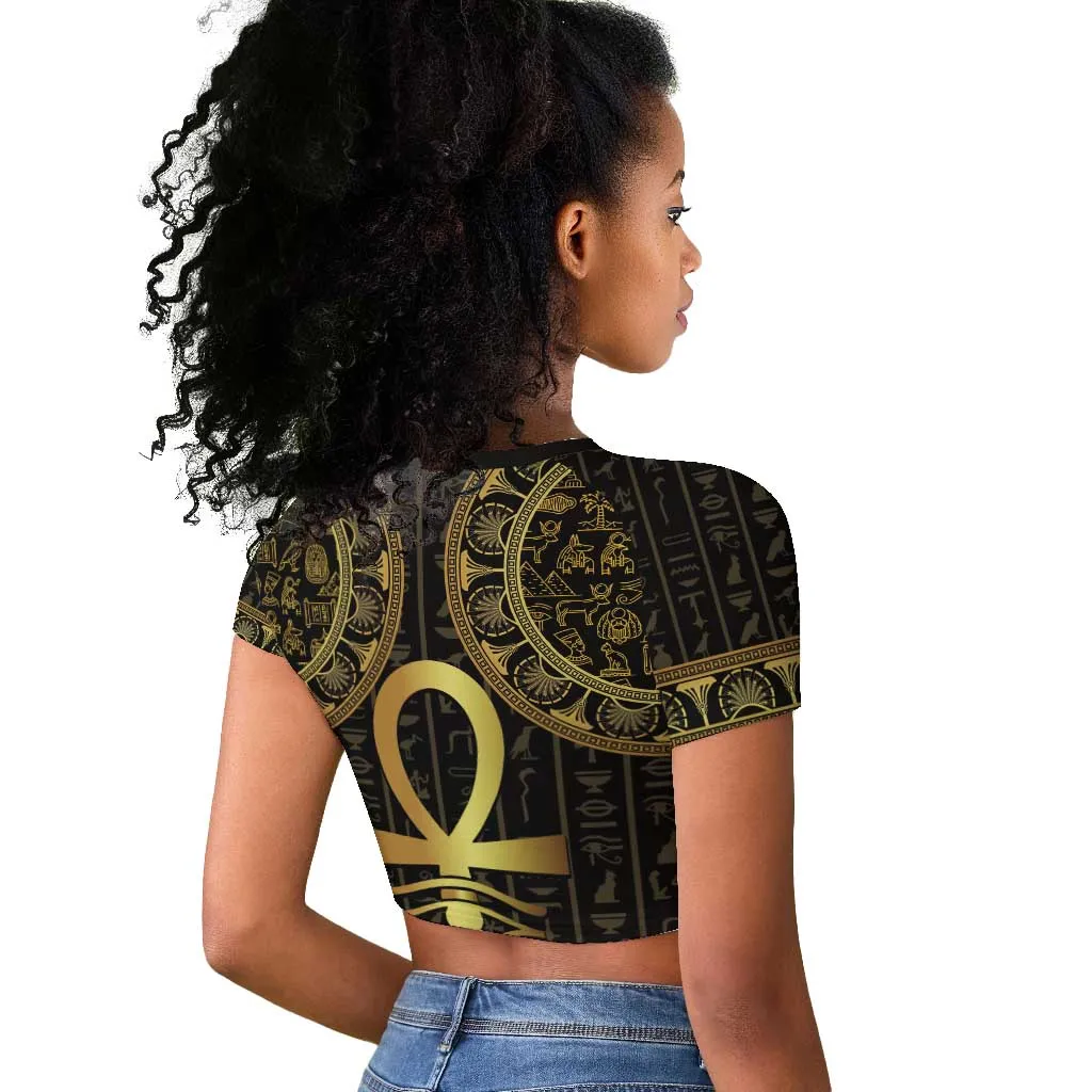Afro Ancient Egypt Ankh and Eye Of Horus Raglan Cropped T shirt Egyptian Hieroglyphs LT14