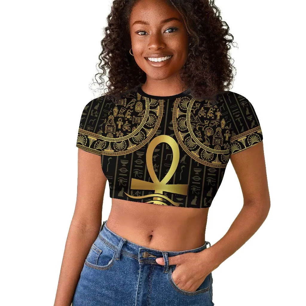 Afro Ancient Egypt Ankh and Eye Of Horus Raglan Cropped T shirt Egyptian Hieroglyphs LT14