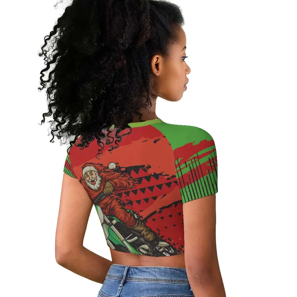 Afro Santa Braaap Raglan Cropped T shirt Motorcross Christmas DT03