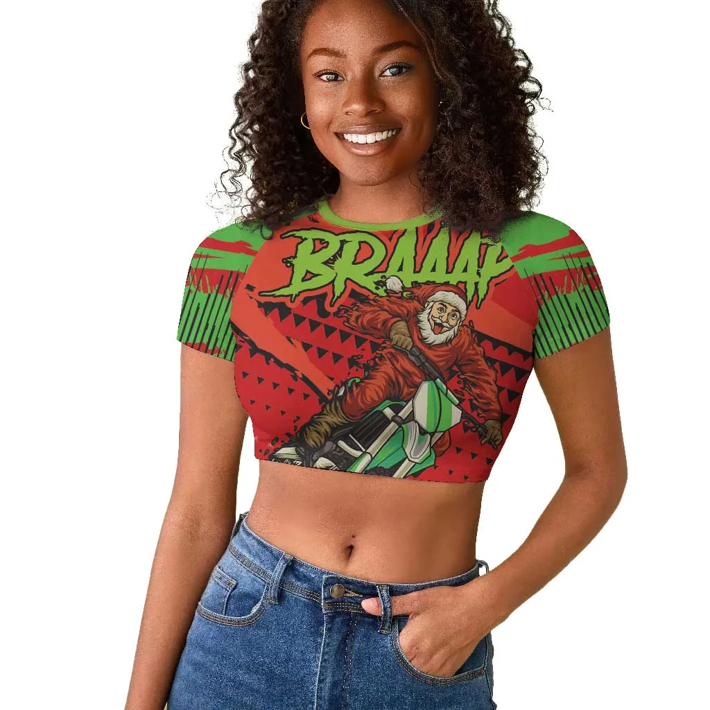 Afro Santa Braaap Raglan Cropped T shirt Motorcross Christmas DT03