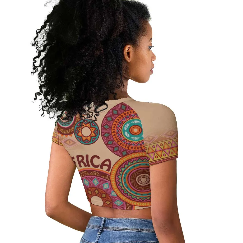Afro Tribal Traditional Pattern Raglan Cropped T shirt Beige Motif LT9