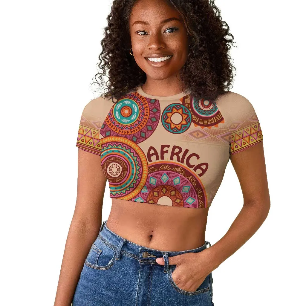 Afro Tribal Traditional Pattern Raglan Cropped T shirt Beige Motif LT9