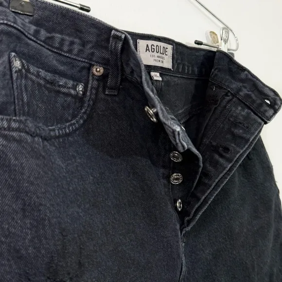 AGOLDE Parker Angled Raw Hem Lightly Distressed Denim Mini Skirt, Black size 26