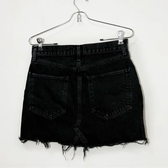 AGOLDE Parker Angled Raw Hem Lightly Distressed Denim Mini Skirt, Black size 26