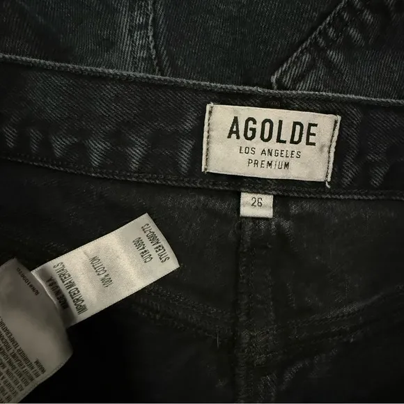 AGOLDE Parker Angled Raw Hem Lightly Distressed Denim Mini Skirt, Black size 26
