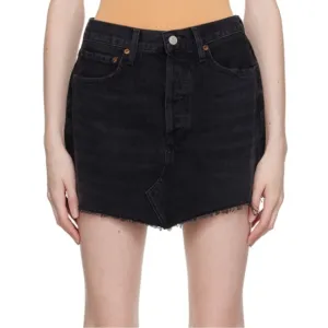 AGOLDE Parker Angled Raw Hem Lightly Distressed Denim Mini Skirt, Black size 26
