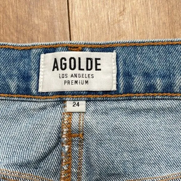 Agolde Quinn High Rise blue Denim Mini Skirt frayed hem buttons pockets sz 24