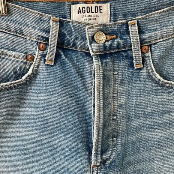 Agolde Quinn High Rise blue Denim Mini Skirt frayed hem buttons pockets sz 24
