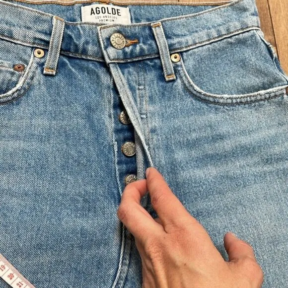 Agolde Quinn High Rise blue Denim Mini Skirt frayed hem buttons pockets sz 24