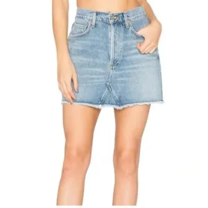 Agolde Quinn High Rise blue Denim Mini Skirt frayed hem buttons pockets sz 24