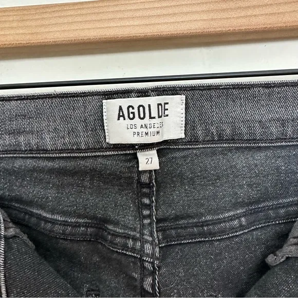 AGOLDE- Sophie High Rise Skinny Jeans Amplify Grey Denim Raw Hem Distressed