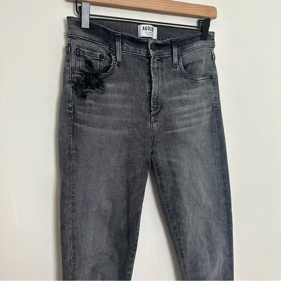 AGOLDE- Sophie High Rise Skinny Jeans Amplify Grey Denim Raw Hem Distressed