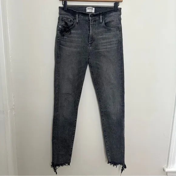 AGOLDE- Sophie High Rise Skinny Jeans Amplify Grey Denim Raw Hem Distressed