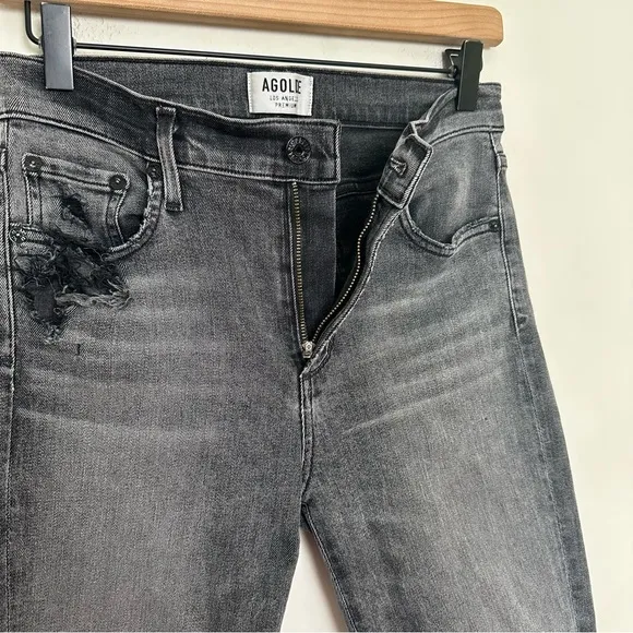 AGOLDE- Sophie High Rise Skinny Jeans Amplify Grey Denim Raw Hem Distressed