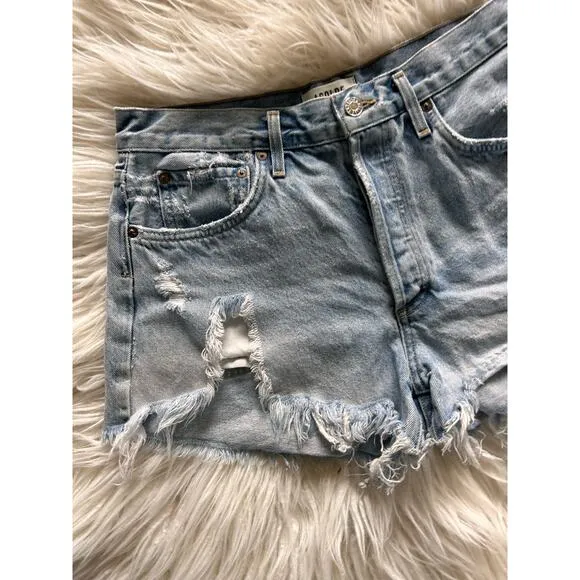 Agolde Women's Denim Parker‎ Distressed Cut-Off Shorts Raw Hem Blue Size 29