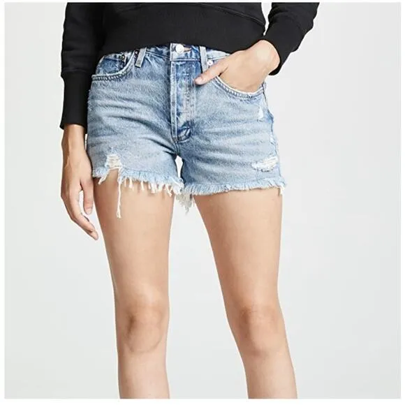 Agolde Women's Denim Parker‎ Distressed Cut-Off Shorts Raw Hem Blue Size 29
