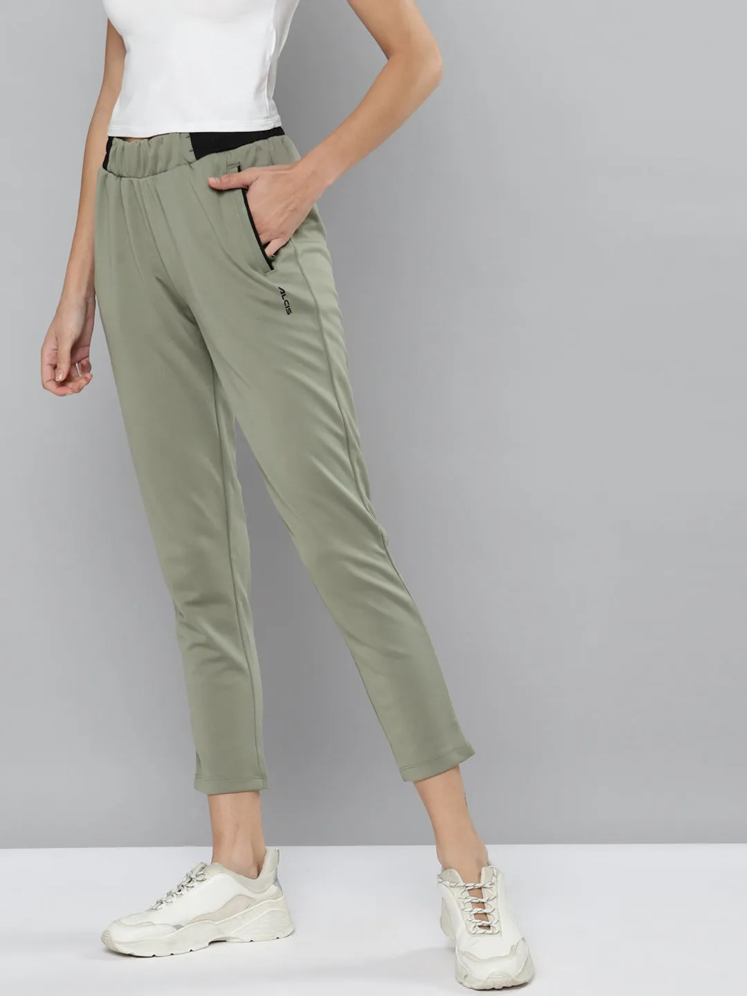 Alcis Women Olive Green Solid Slim Fit Track Pants