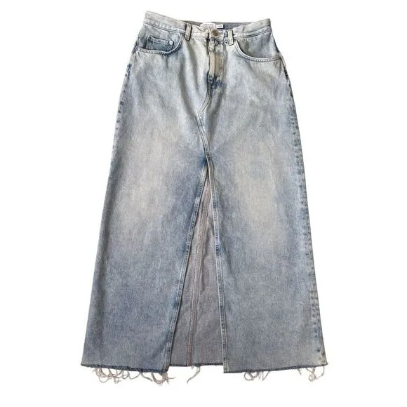 Anthropologie &amp; Other Stories Denim MIDI Skirt size 10 Raw Hem Blue