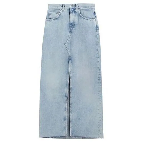 Anthropologie &amp; Other Stories Denim MIDI Skirt size 10 Raw Hem Blue
