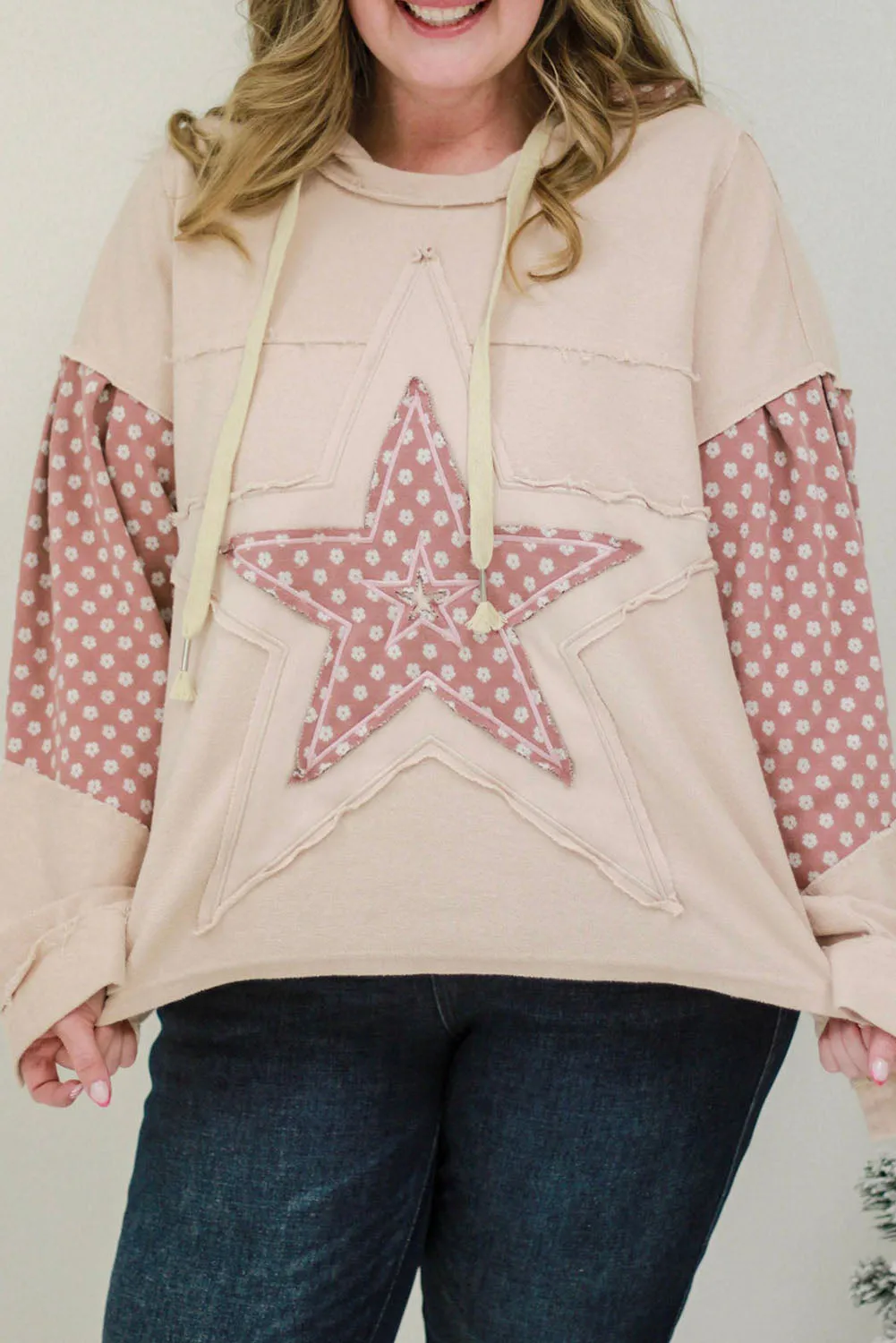 Apricot Floral Patchwork Star Pattern Drawstring Hoodie
