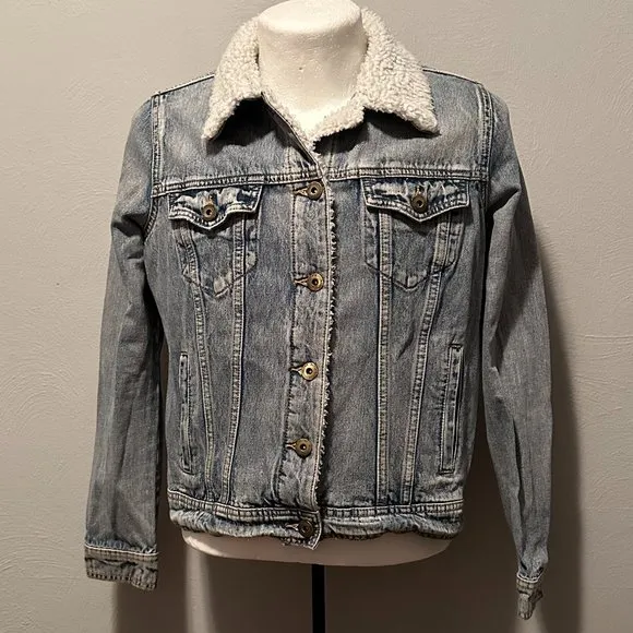 Articles of Society Women's Liz Fleece-Trim Denim Jean Jacket Size Medium