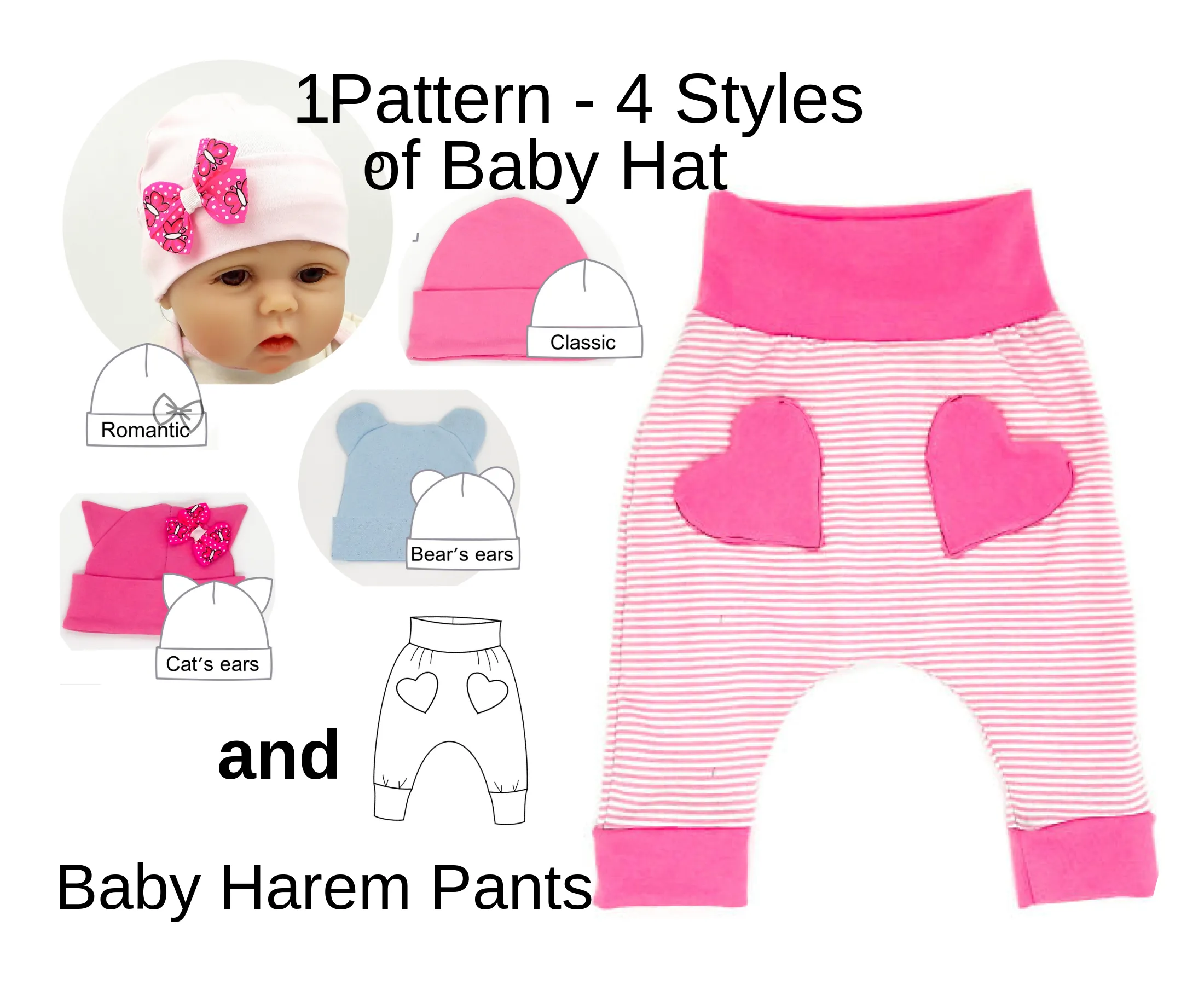 Baby Harem Pants Sewing Patterns, Baby Hat Beanie Sewing Patterns, Sizes 0 Month-6 YEARS