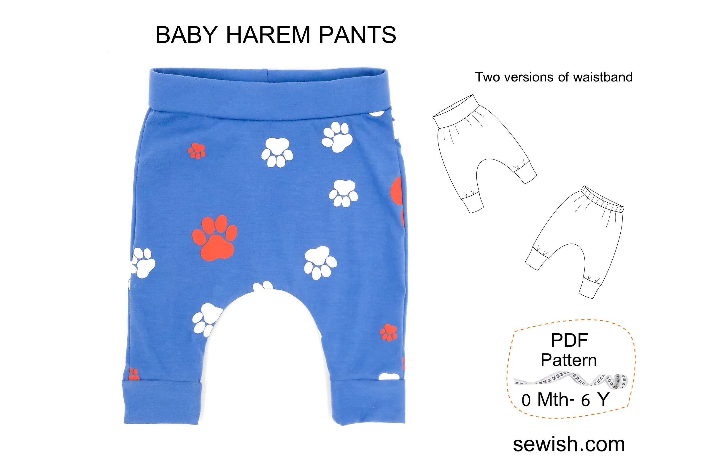 Baby Harem Pants Sewing Patterns, Baby Hat Pattern pdf, Sizes 0 Month-6 YEARS