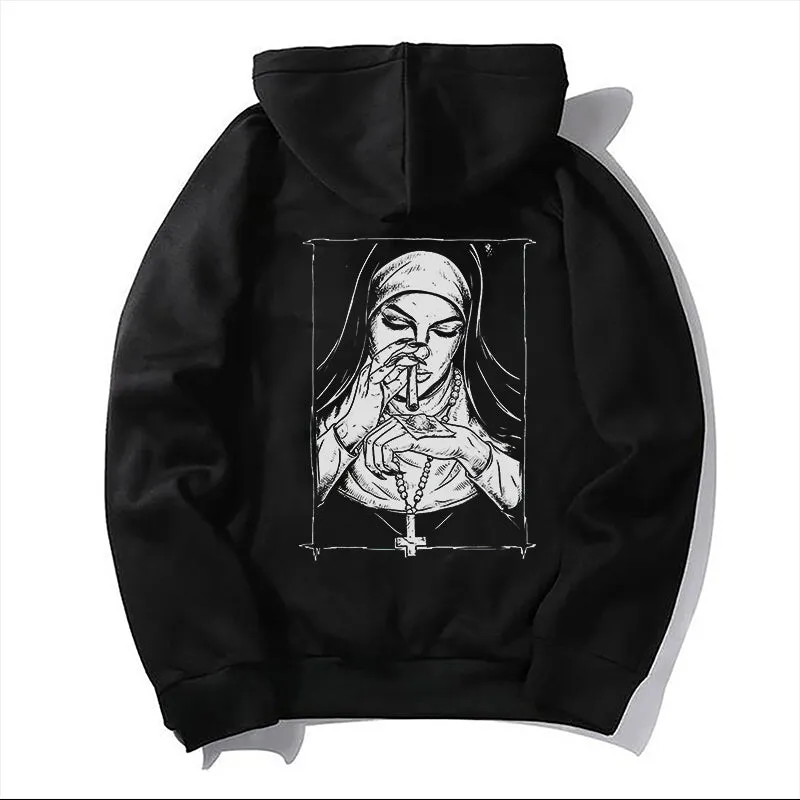 Bad Religious Nun Graphic Casual Black Print Hoodie