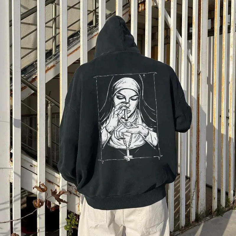 Bad Religious Nun Graphic Casual Black Print Hoodie