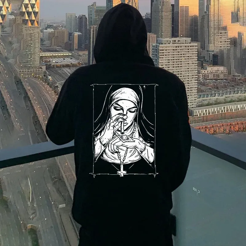 Bad Religious Nun Graphic Casual Black Print Hoodie