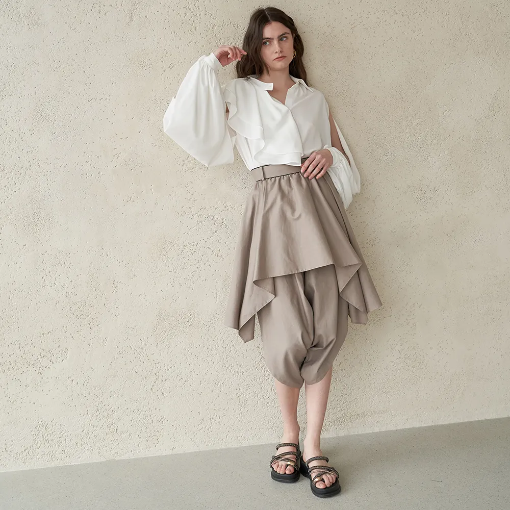 Black Beads Trimming Ruffle Layered Linen Harem Pants