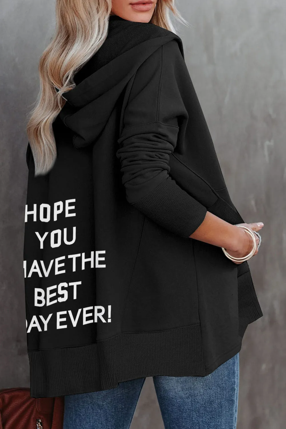 Black Best Wish Slogan Graphic Henley Hoodie