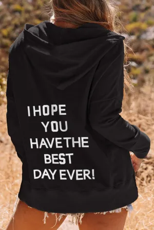 Black Best Wish Slogan Graphic Henley Hoodie