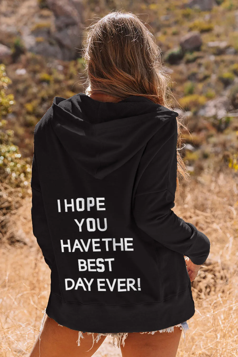 Black Best Wish Slogan Graphic Henley Hoodie