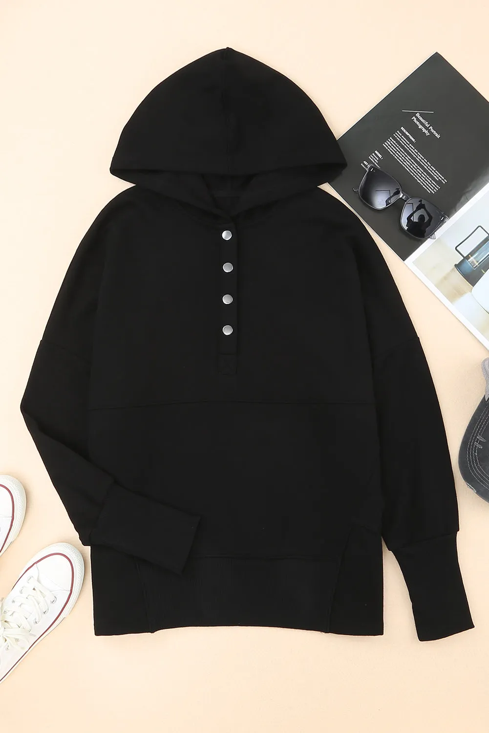 Black Best Wish Slogan Graphic Henley Hoodie